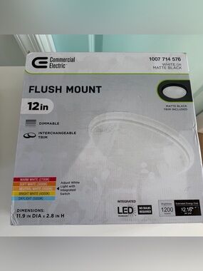 New Commercial Electric 12in Flush Mount LED Light White Black interchangeable